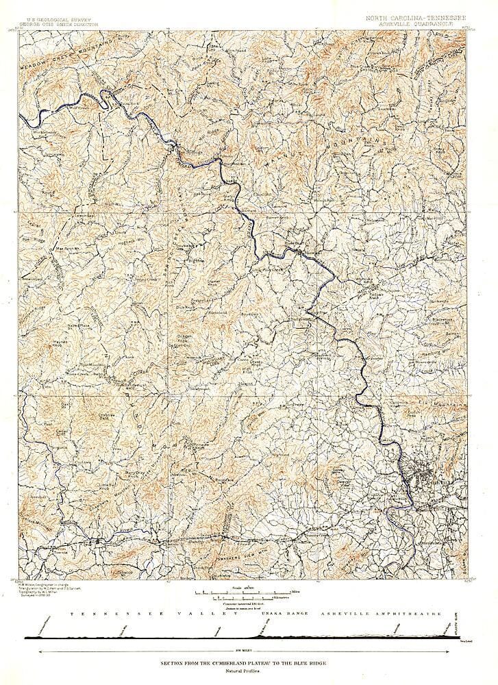 1889 North Carolina Tennessee Cumerberland Blue Ridge Wall Map 