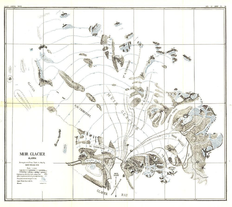 1892 Muir Glacier, Alaska Map Wall Map 