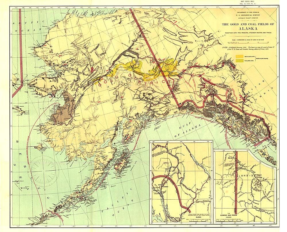 1898 Gold and Coal Fields of Alaska Map Wall Map 