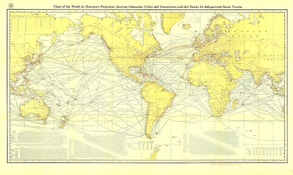 1905 Chart of the World on Mercator's Projection Wall Map 