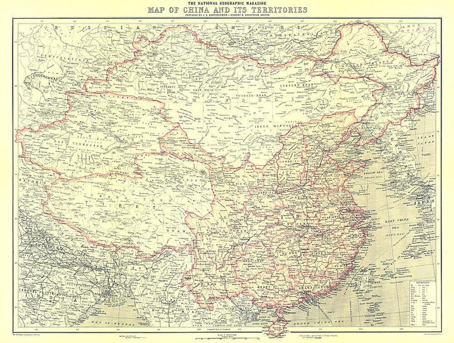 1912 China and Its Territories Map Wall Map 