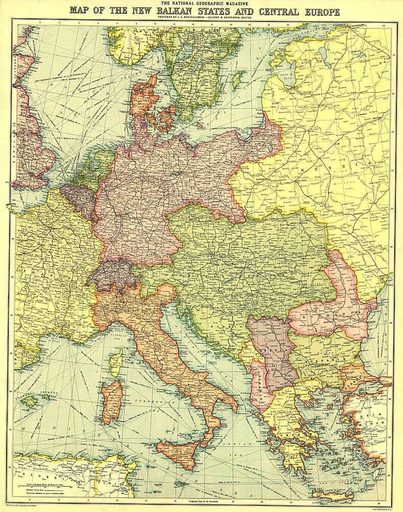 1914 New Balkan States and Central Europe Map Wall Map 