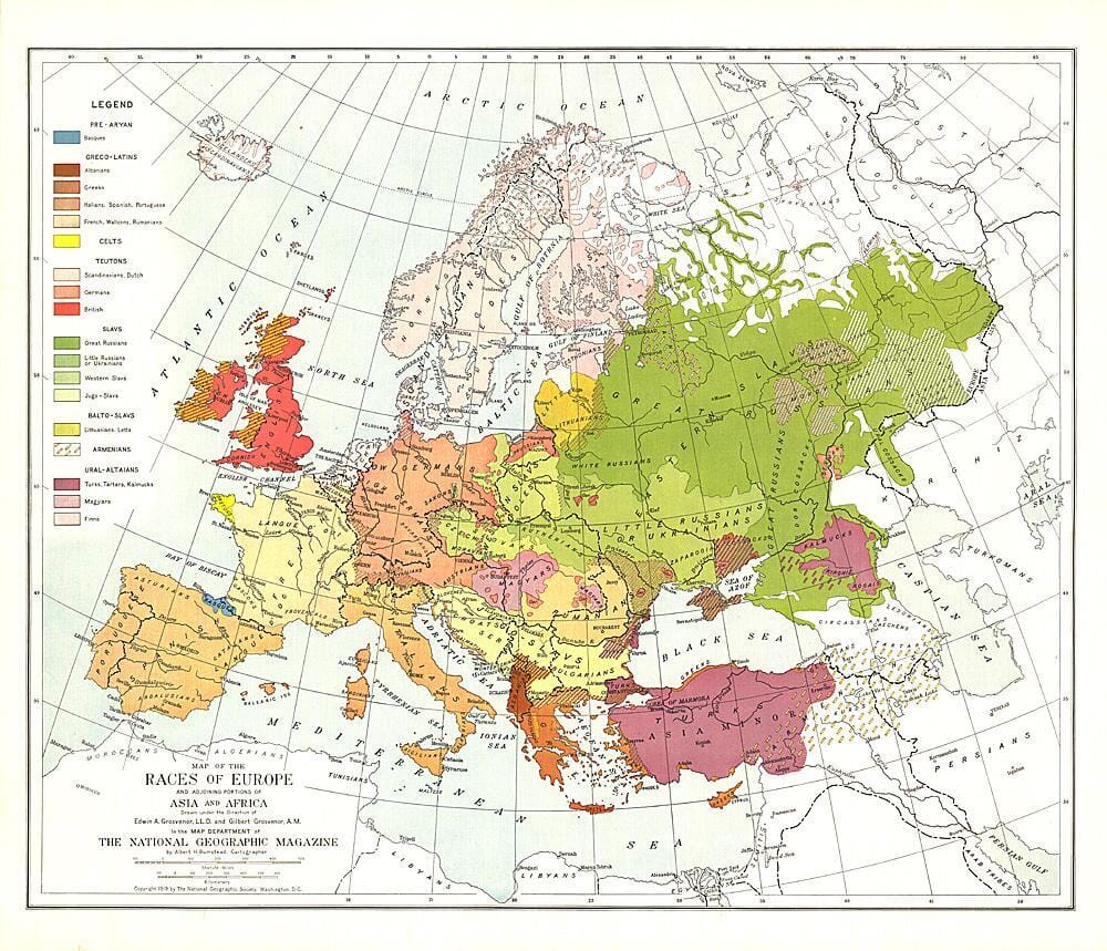 1918 Races of Europe Map Wall Map 