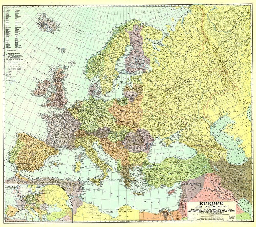 1929 Europe, and the Near East Map Wall Map 
