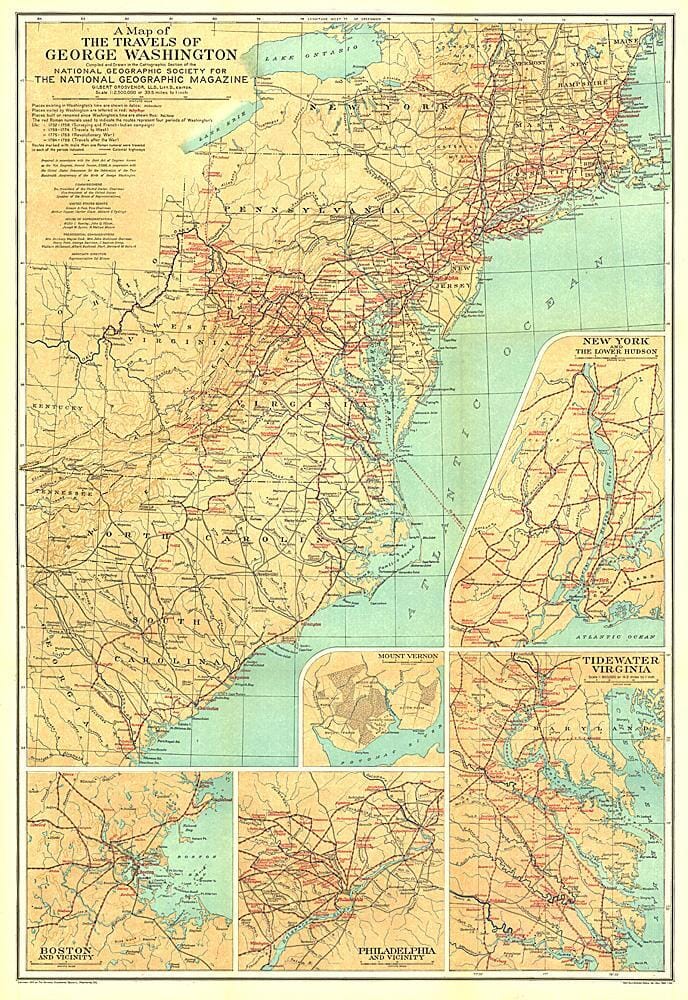 1932 Travels of George Washington Map Wall Map 