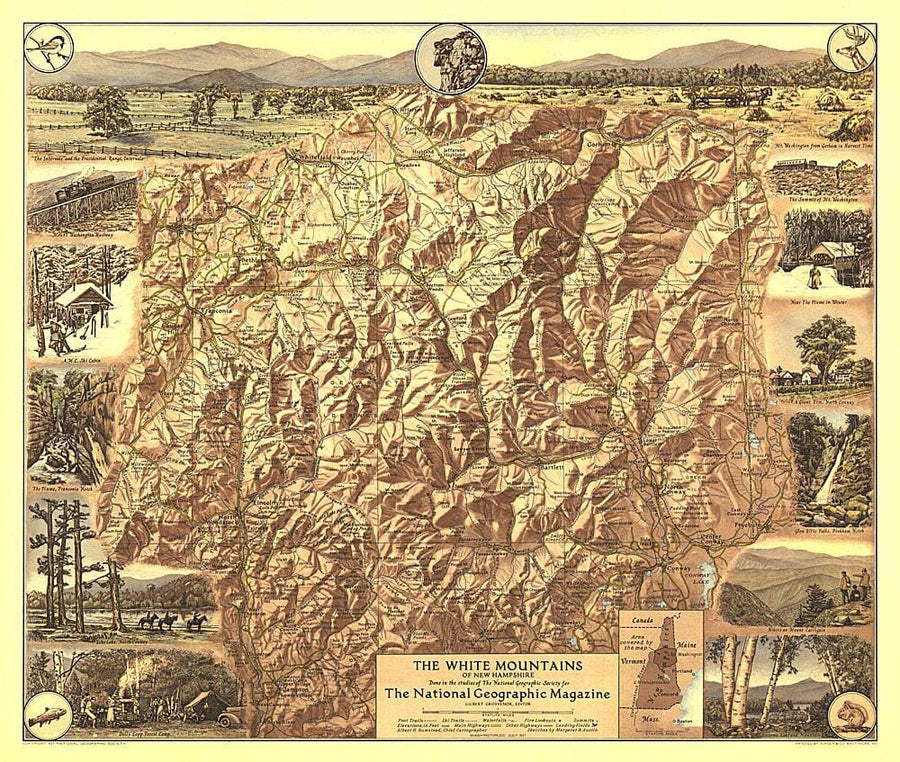 1937 White Mountains of New Hampshire Map Wall Map 