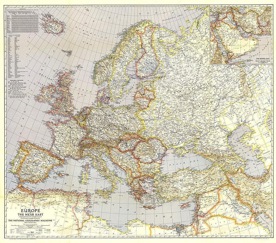 1940 Europe and the Near East Map Wall Map 
