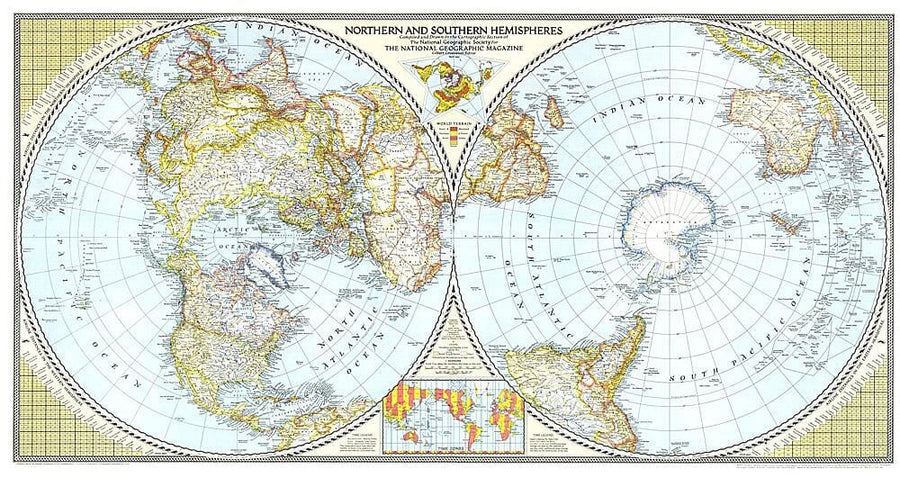 1943 Northern and Southern Hemispheres Map Wall Map 
