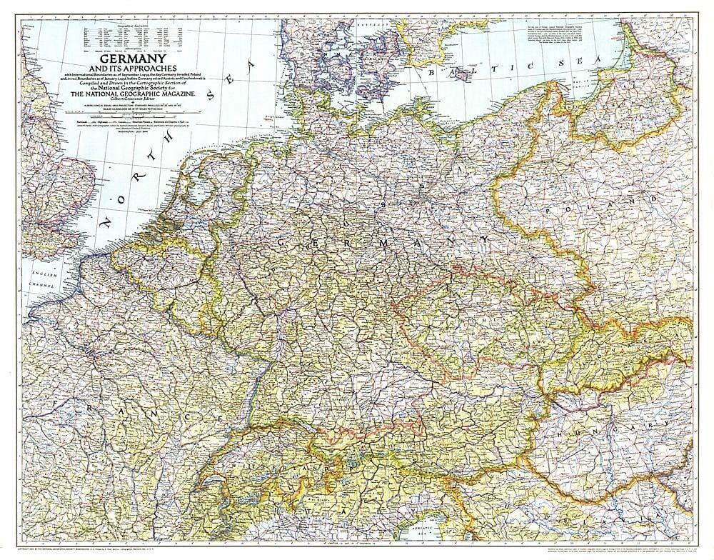 1944 Germany and Its Approaches 1938-1939 Map Wall Map 