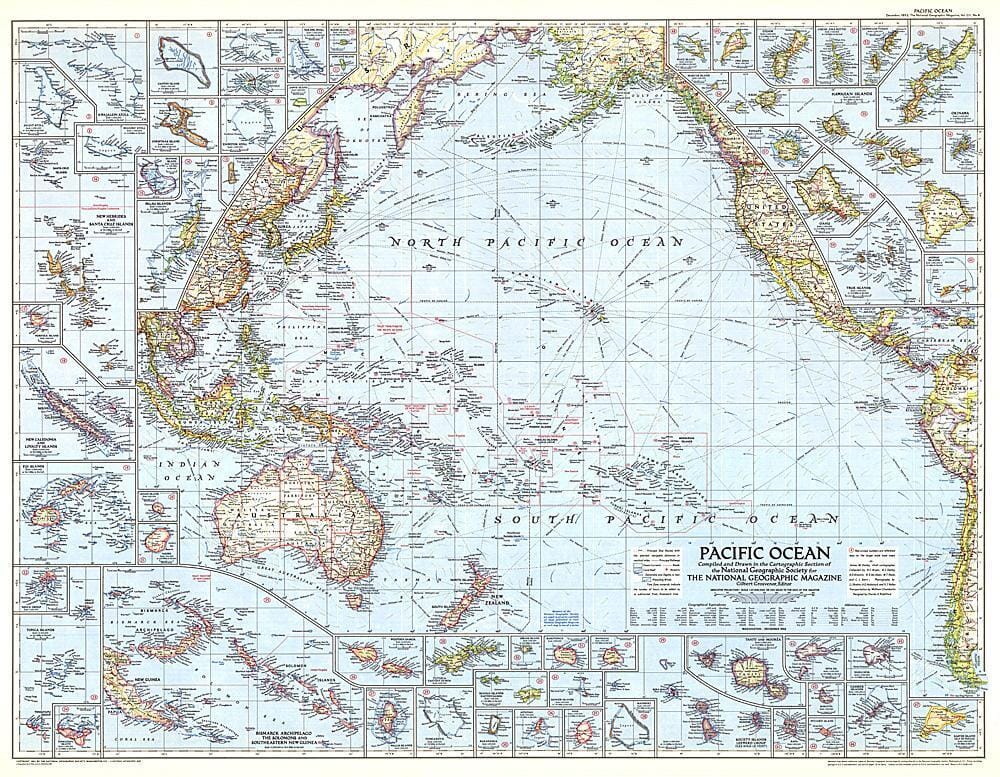 1952 Pacific Ocean Map Wall Map 