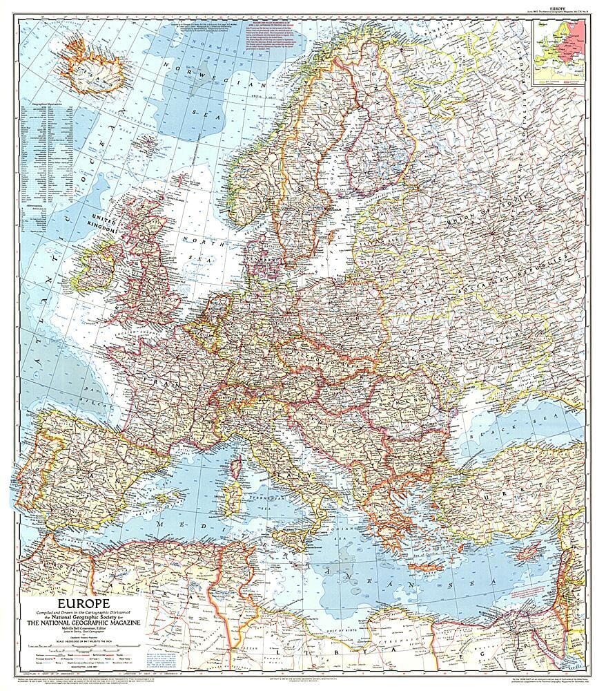1957 Europe Map Wall Map 
