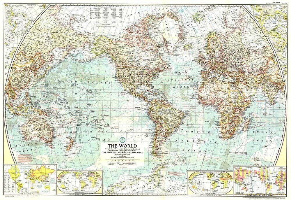 1957 World Map Wall Map 