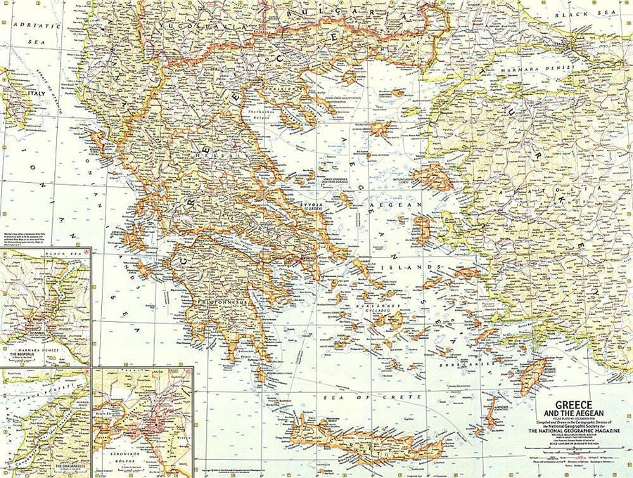 1958 Greece and the Aegean Map Wall Map 
