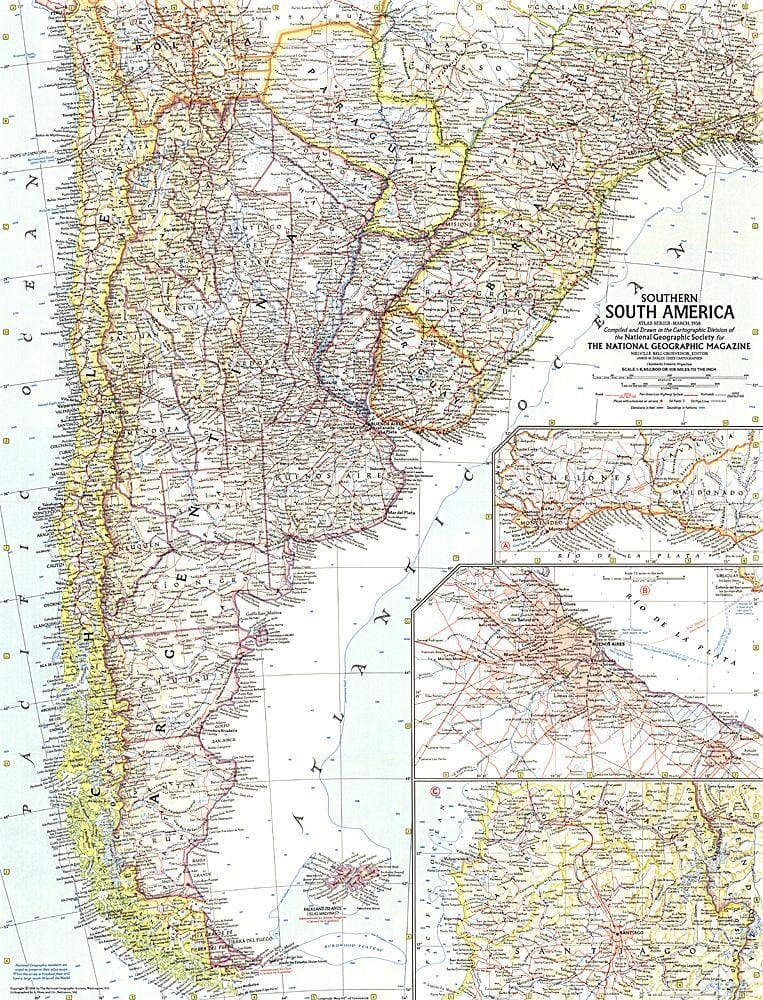 1958 Southern South America Map Wall Map 