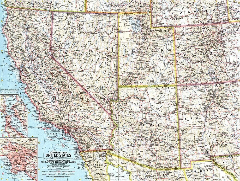 1959 Southwestern United States Map Wall Map 