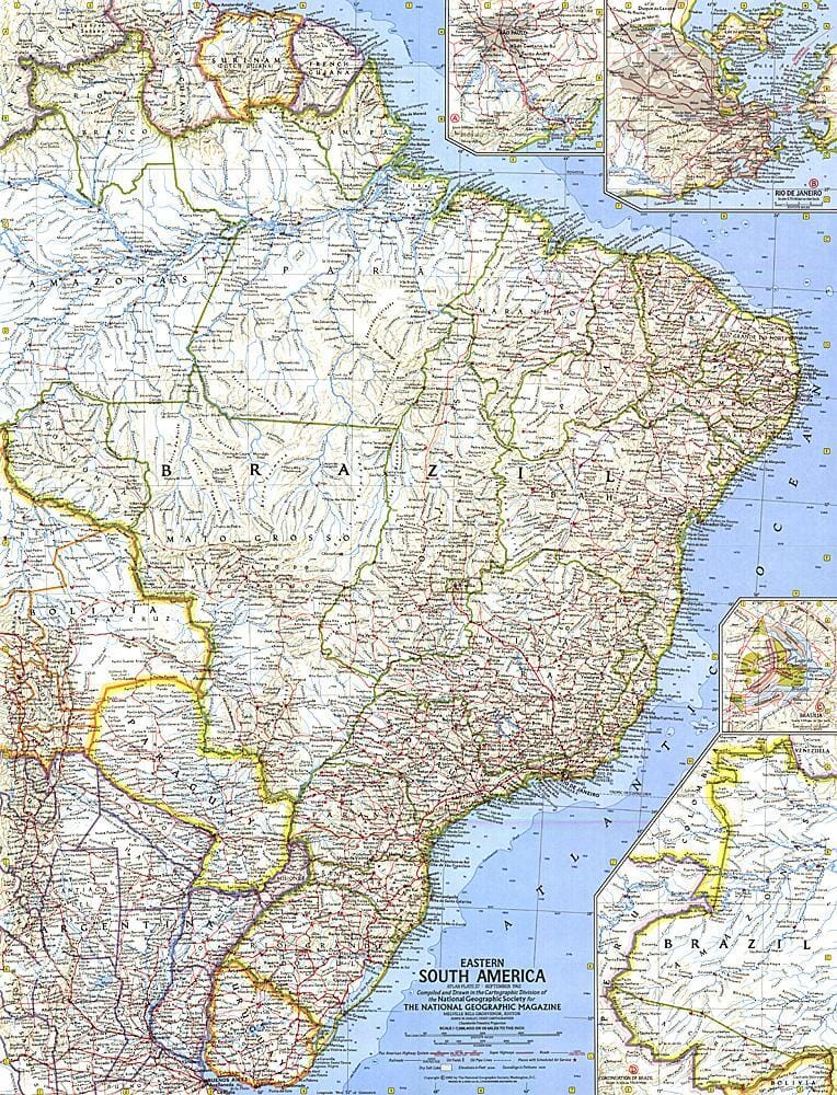 1962 Eastern South America Map Wall Map 