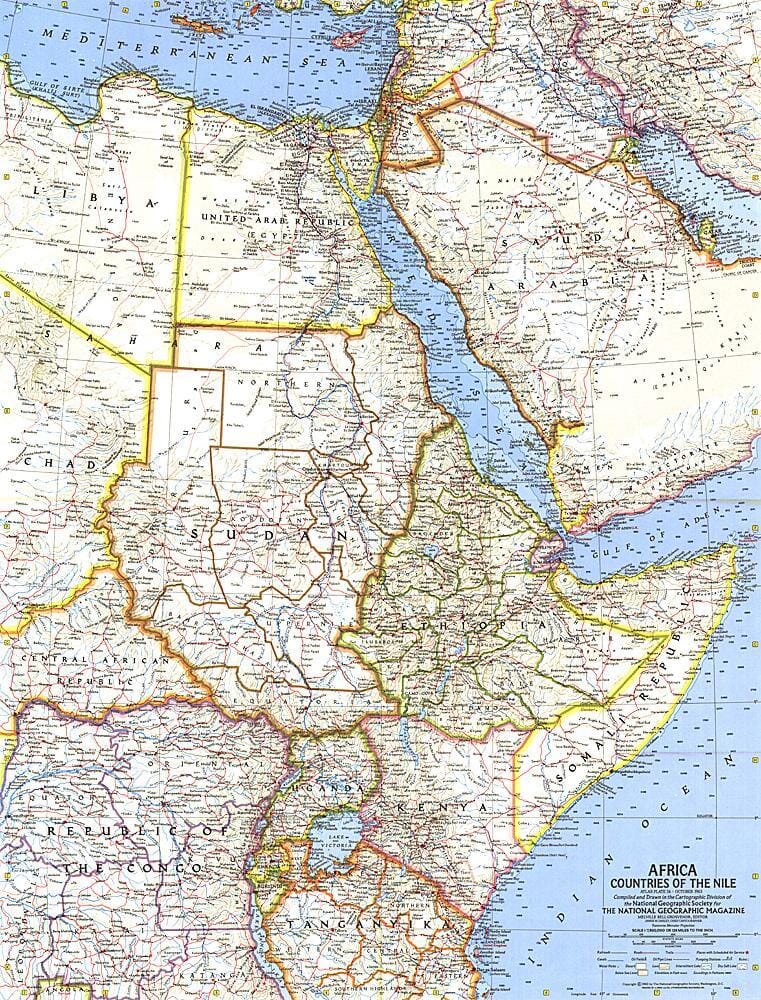 1963 Africa, Countries of the Nile Map Wall Map 