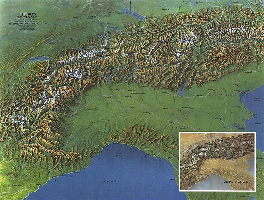 1965 Alps, Europes Backbone Map Wall Map 