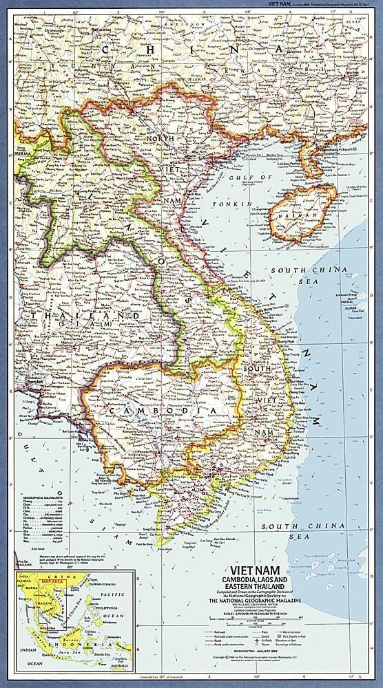1965 Vietnam, Cambodia, Laos and Eastern Thailand Map Wall Map 