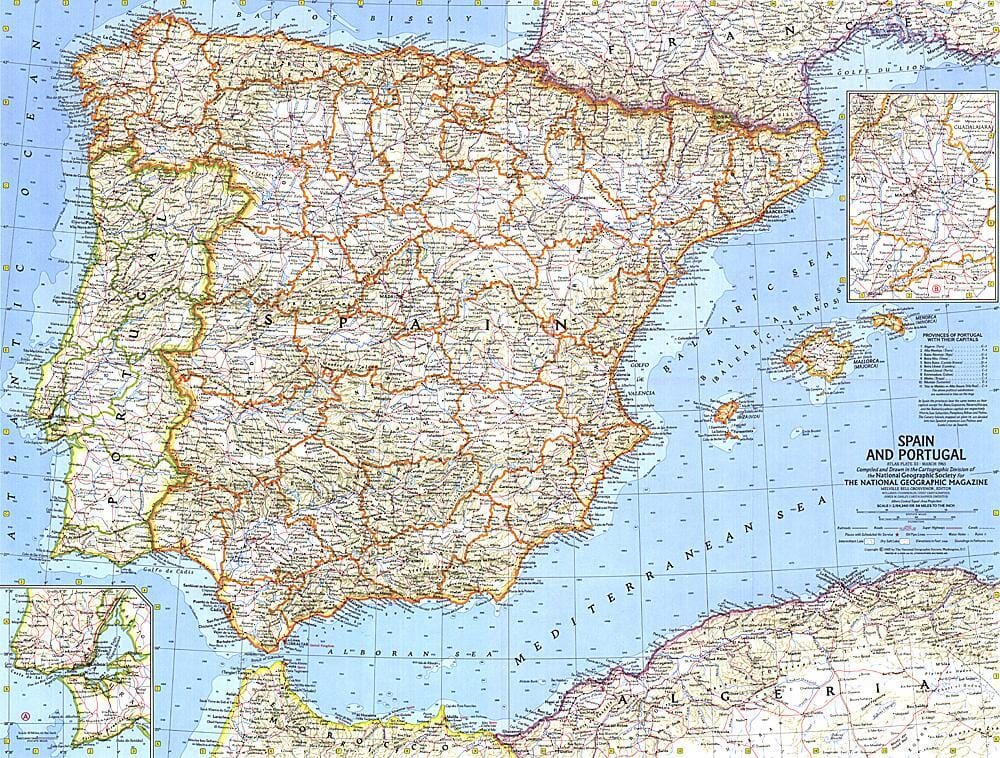 1965 Spain and Portugal Wall Map 