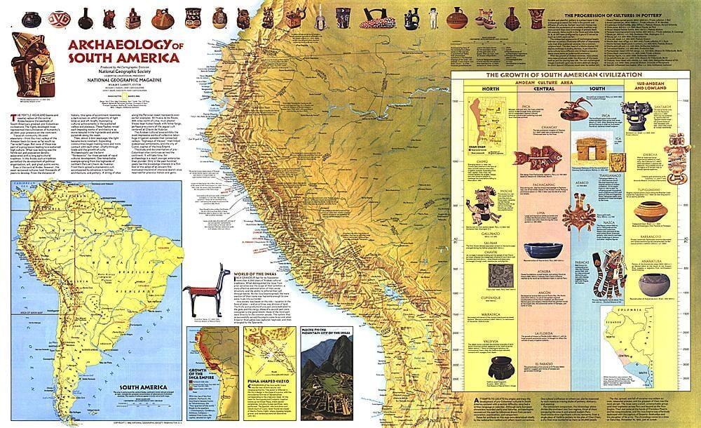 1982 Archaeology of South America Map Wall Map 