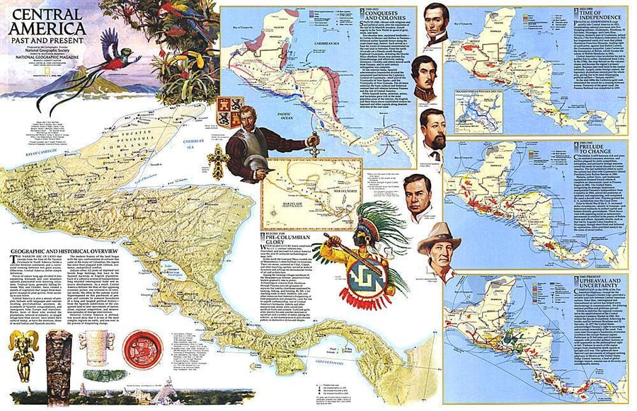 1986 Central America Past and Present Map Wall Map 