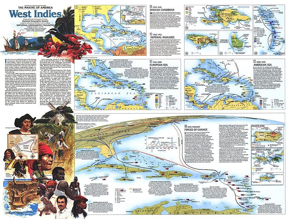 1987 Making of America, West Indies Theme Wall Map 