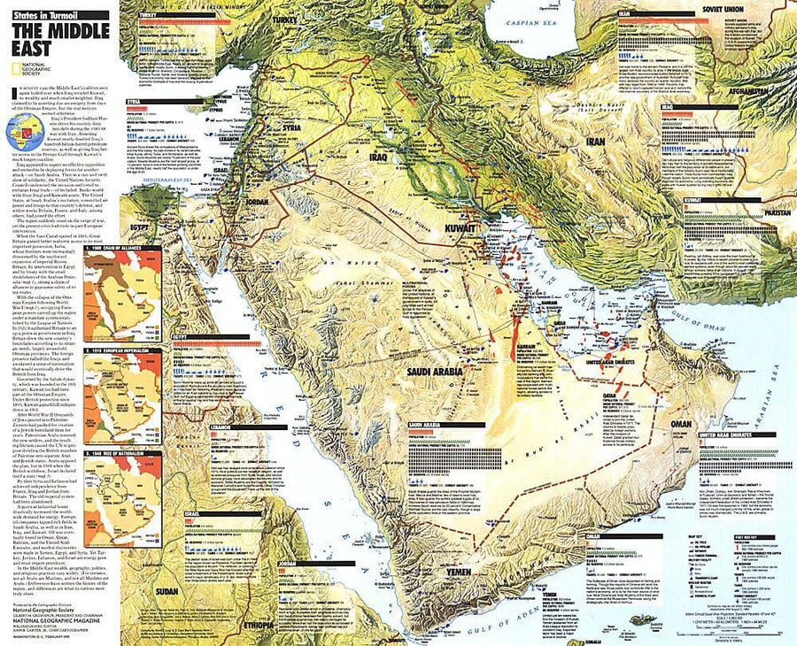 1991 Middle East, States in Turmoil Map Wall Map 