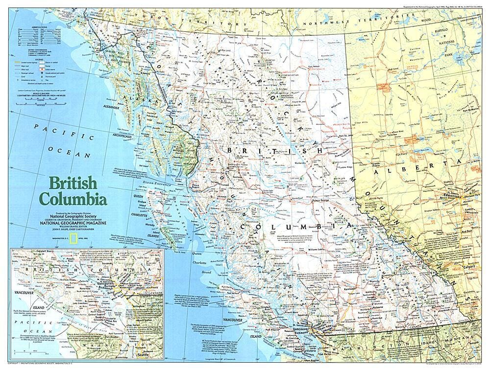 1992 Making of Canada, British Columbia Map Wall Map 
