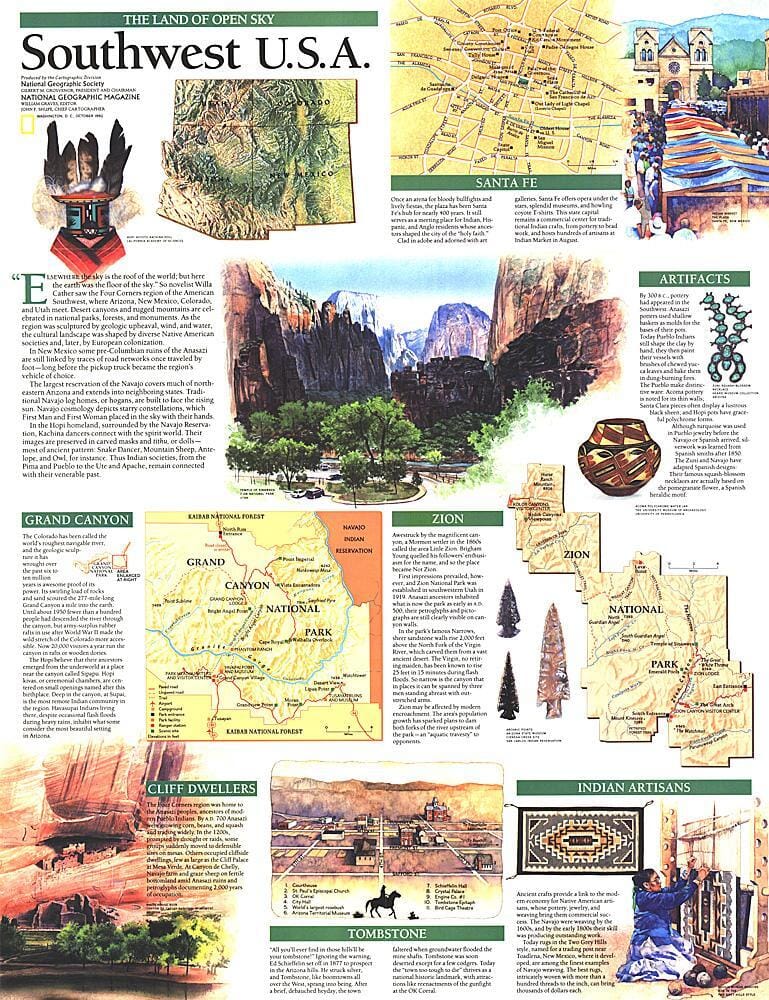 1992 Southwest, USA Map, Land of Open Sky Wall Map 