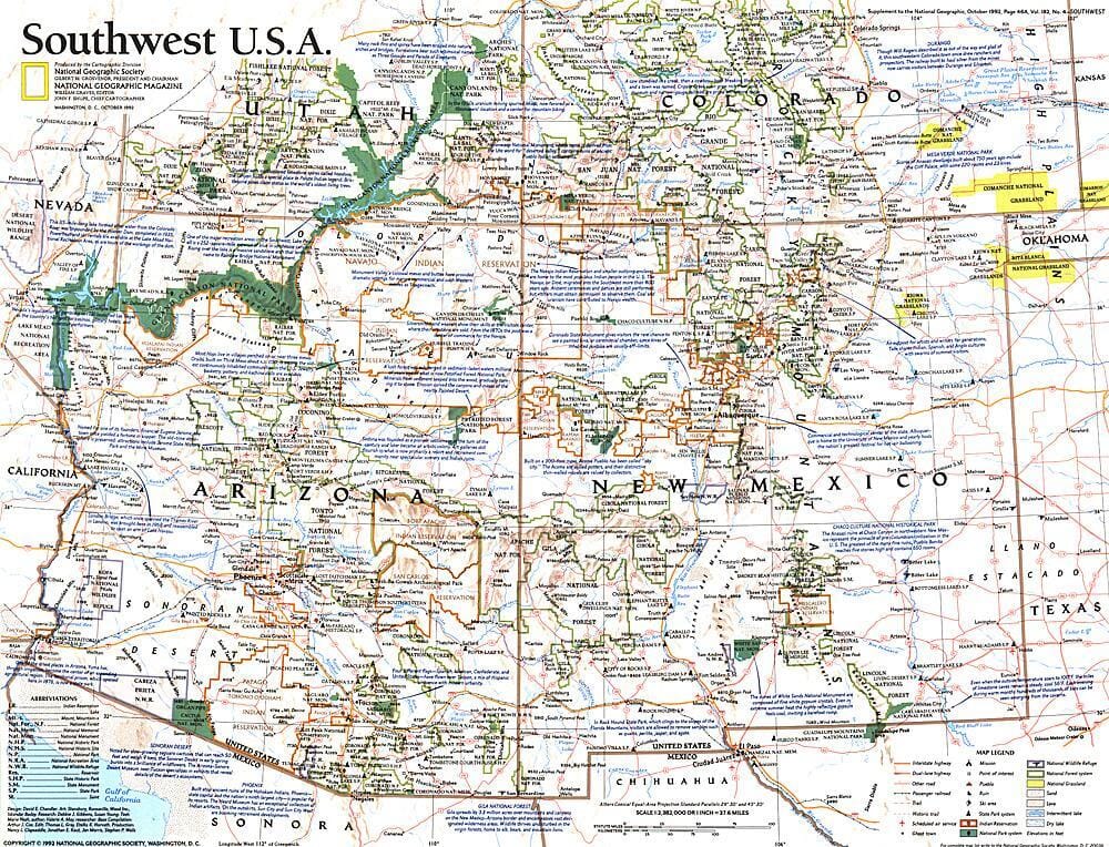 1992 Southwest, USA Map Wall Map 