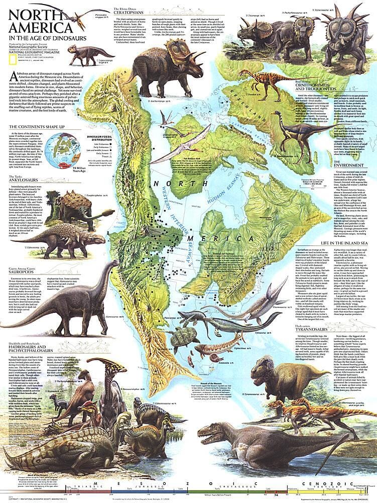 1993 North America in the Age of the Dinosaurs Map Wall Map 