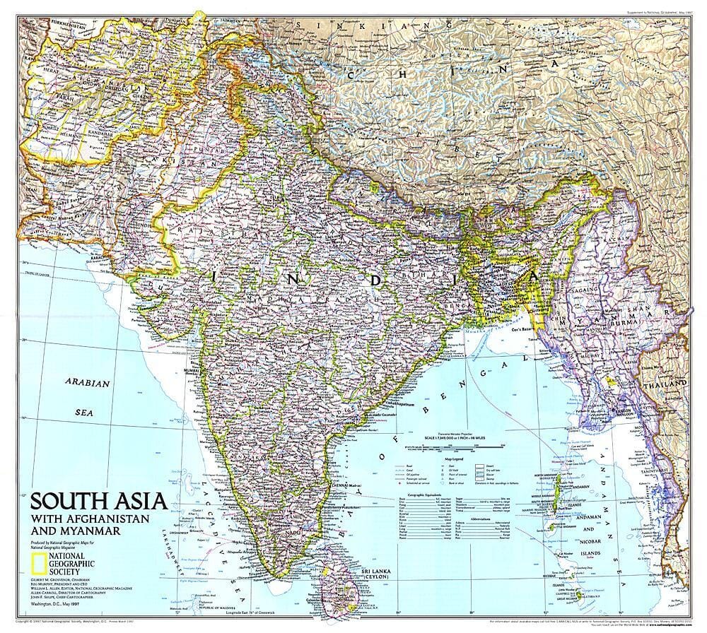 1997 South Asia with Afghanistan and Myanmar Map Wall Map 