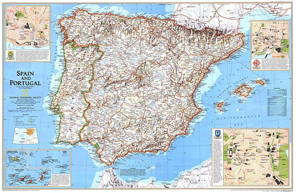 1998 Spain and Portugal Wall Map 