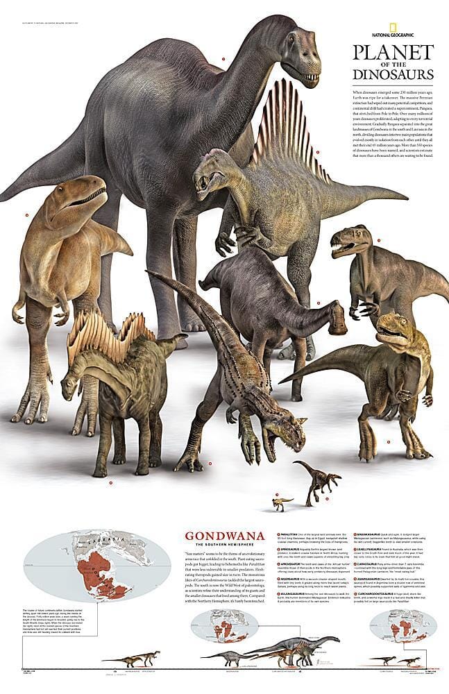2007 Planet of the Dinosaurs Gondwana Wall Map 