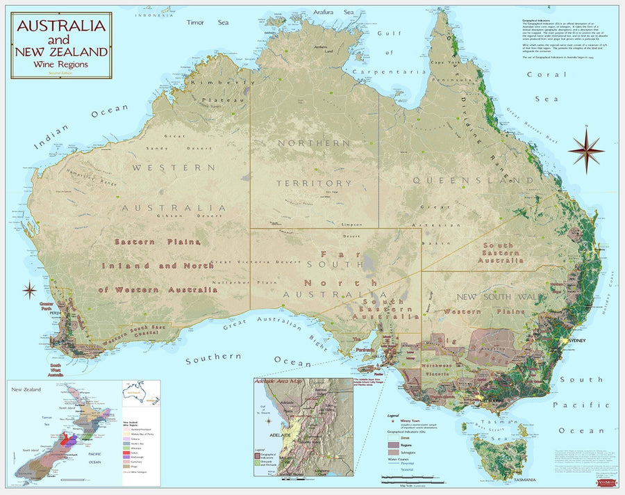 Australia and New Zealand - Wine Regions | Vinmaps Wall Map Paper 