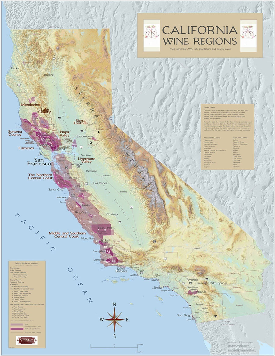 California - Most Prominent American Viticultural Areas | Vinmaps Wall Map Paper 