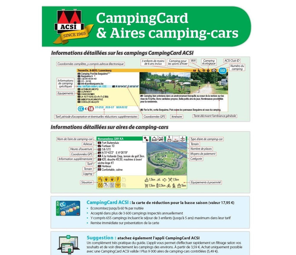 CampingCard ACSI - Carte de réductions & Aires camping-cars Europe 2022 guide pratique ACSI 