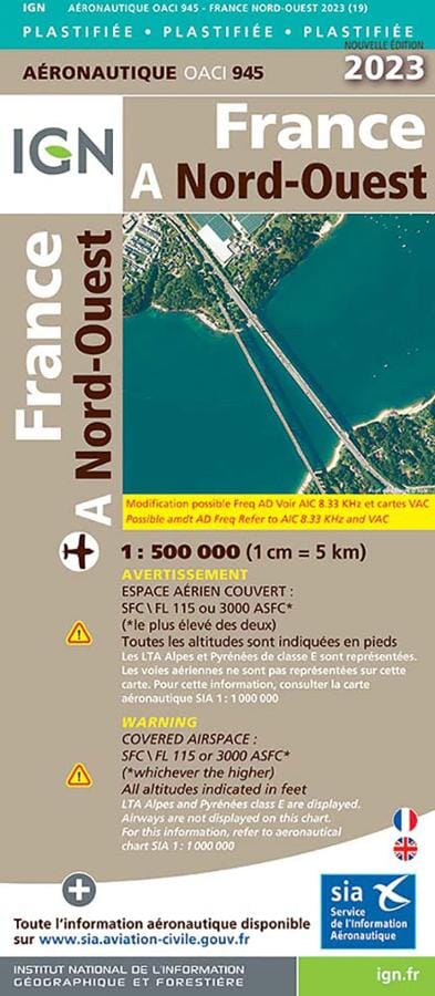 Carte aéronautique plastifiée OACI 945 - France Nord-ouest 2023 | IGN carte pliée IGN 