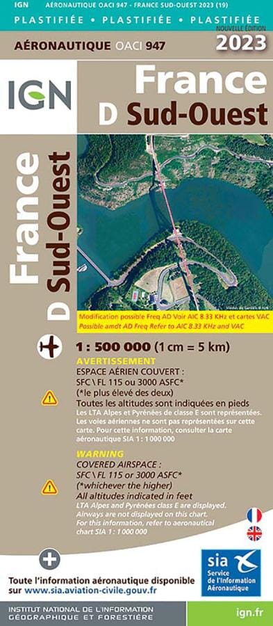 Carte aéronautique plastifiée OACI 947 - France Sud-ouest 2023 | IGN carte pliée IGN 