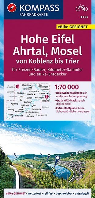Carte cycliste n° F3338 - Hohe Eifel, Ahrtal, Mosel von Koblenz bis Trier (Allemagne) | Kompass carte pliée Kompass 