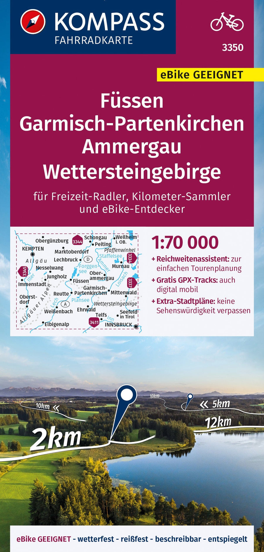 Carte cycliste n° F3350 - Füssen, Garmisch Partenkichten, Ammergau, Wettersteingebirge (Allemagne) | Kompass carte pliée Kompass 