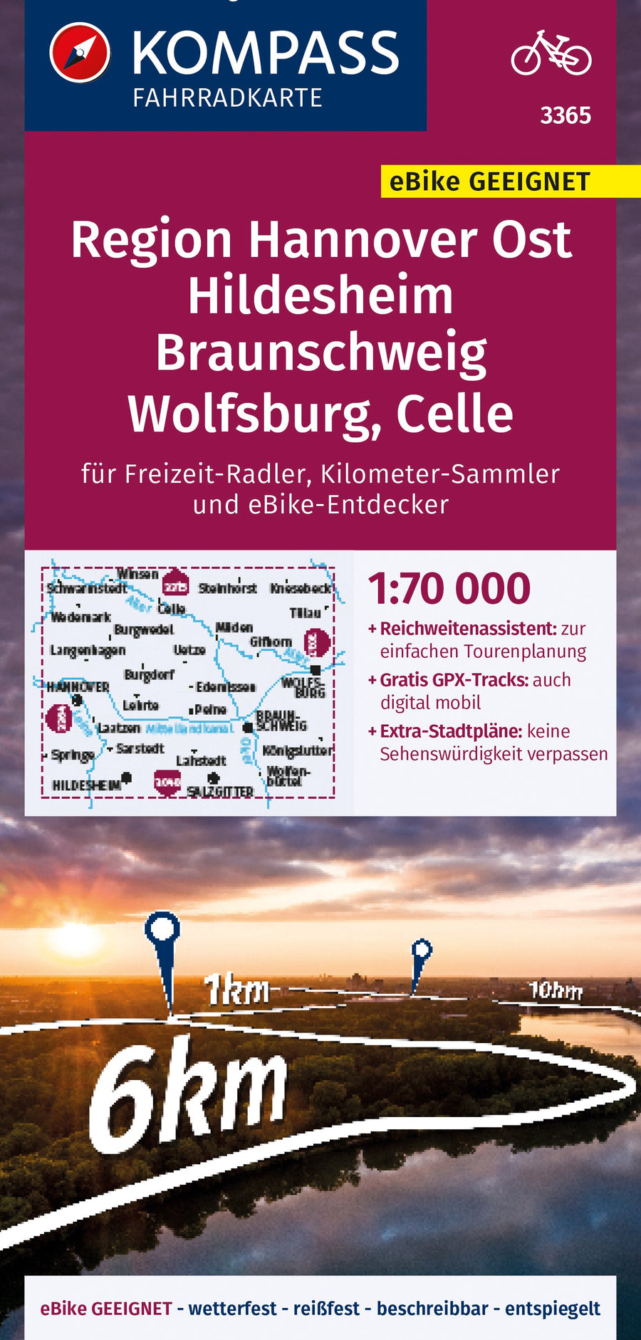Carte cycliste n° F3365 - Hannover Ost, Hildesheim, Braunschweig, Wolfsburg, Celle (Allemagne) | Kompass carte pliée Kompass 