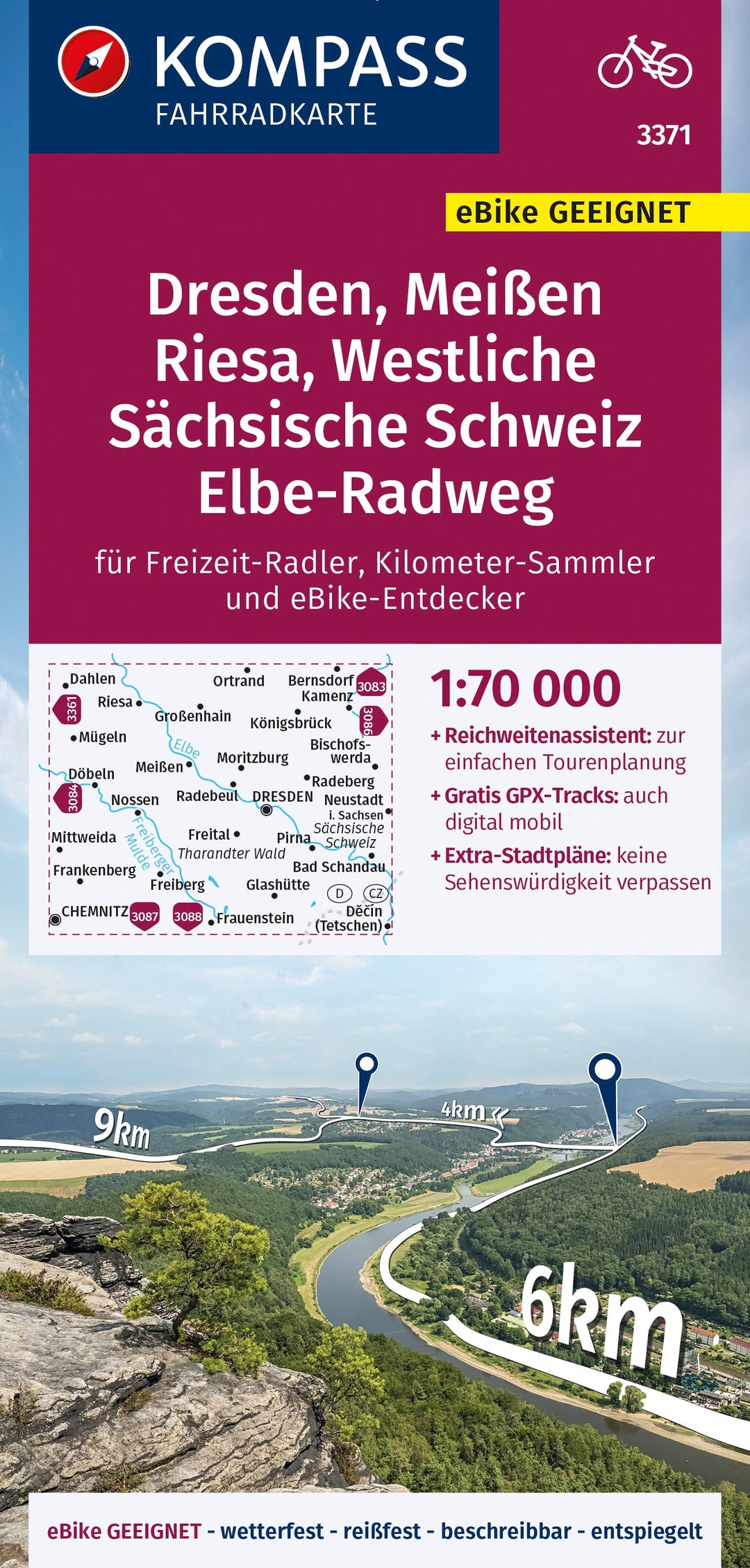 Carte cycliste n° F3371 - Dresden, Meißen, Riesa, Westliche Sächsische Schweiz, Elbe Radweg (Allemagne) | Kompass carte pliée Kompass 
