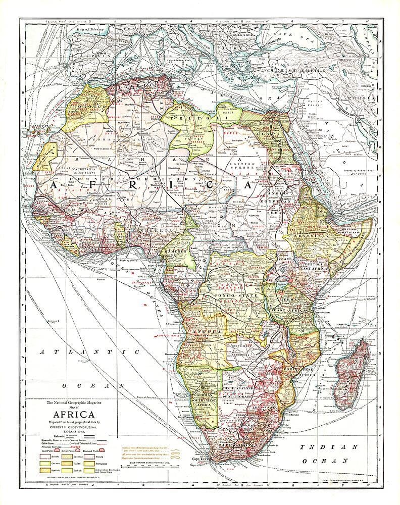 1909 Africa Map Wall Map 