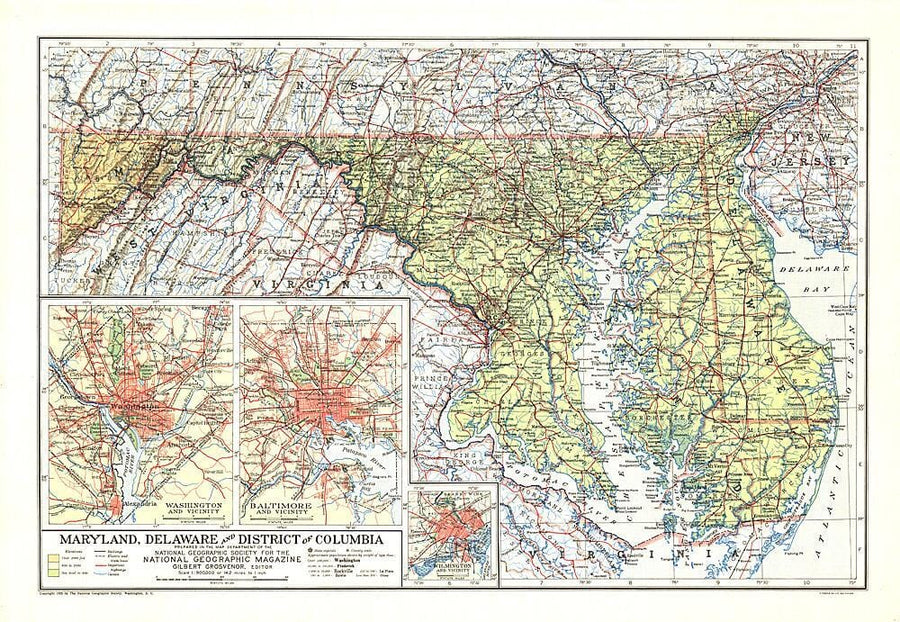1927 Maryland, Delaware and District of Columbia Map Wall Map 