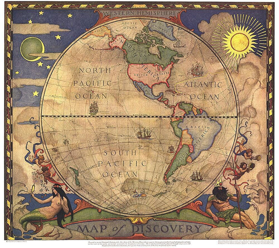1928 Map of Discovery, Western Hemisphere Wall Map 