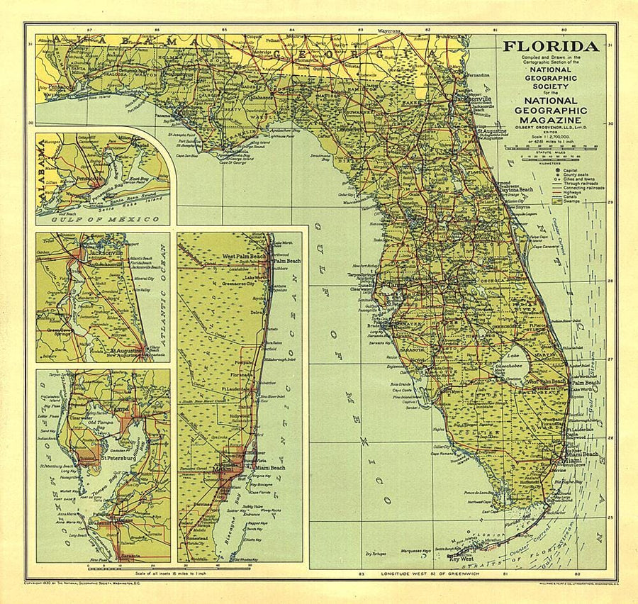 1930 Florida Map Wall Map 