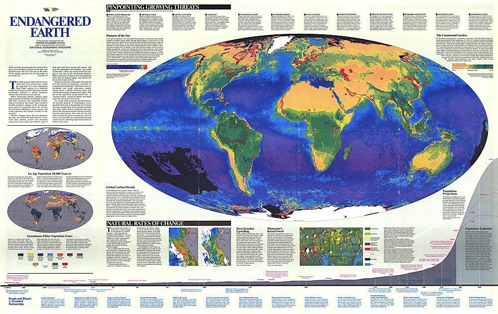 1988 Endangered Earth Map Wall Map 