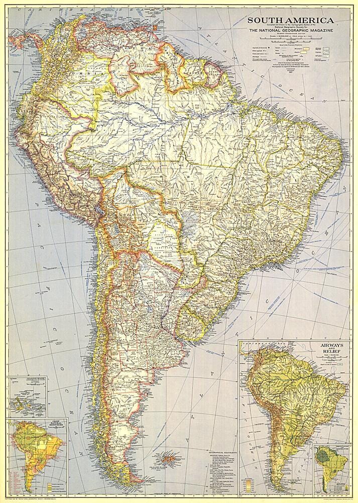 1937 South America Map Wall Map 